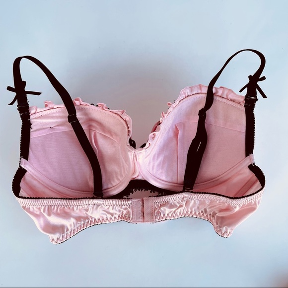 Pink Satin Black Lace Bra and Panties Set - Picture 10 of 16